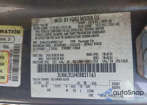 2014 Lincoln Mkz Hybrid из США, поврежденный, VIN 3LN6L2LU4ER831161